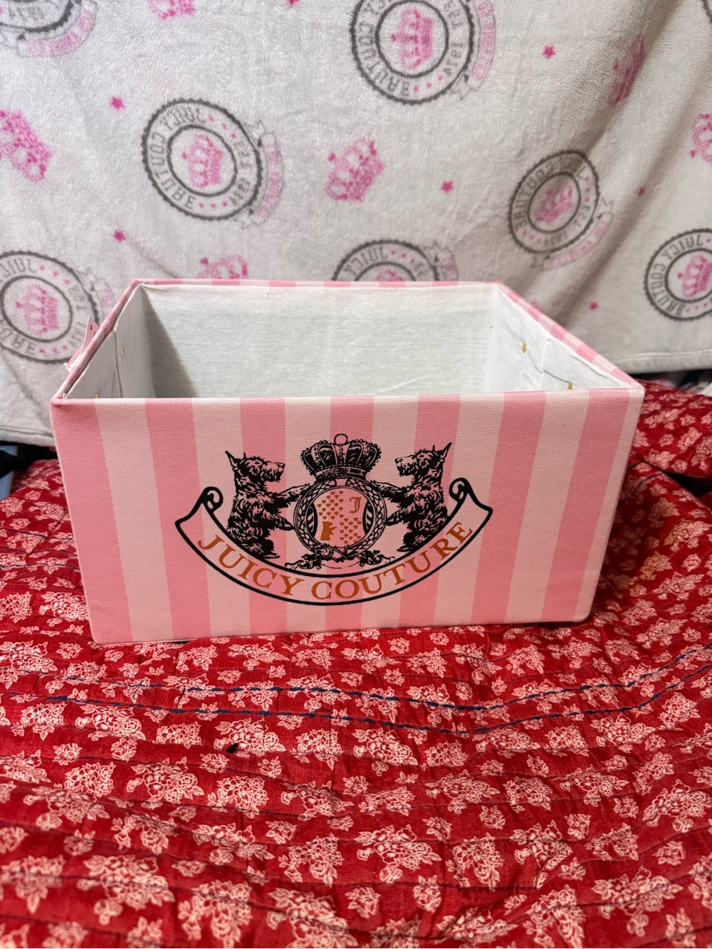 Juicy Couture Pink Striped Storage Bin with Crest